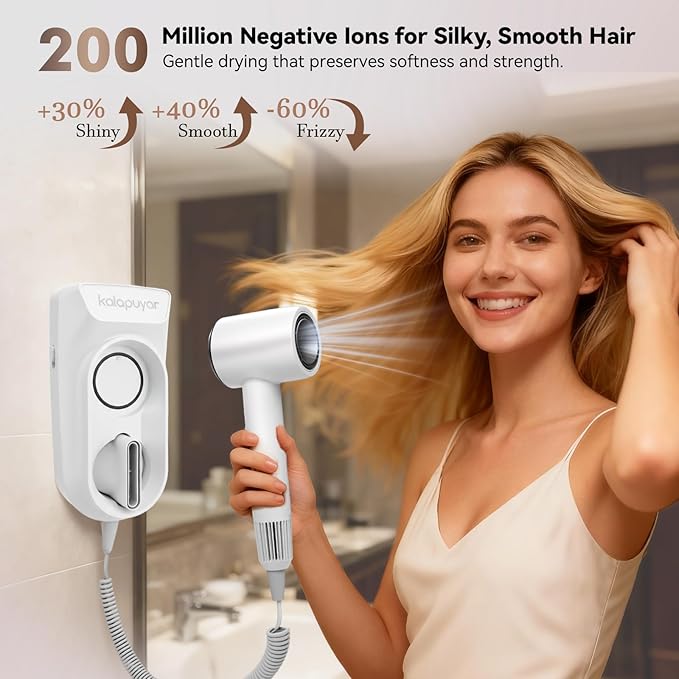 2025 Wall-Mount Hair Dryer 4 Heat 2 Speed Settings High-Speed 1600W Bathroom Blow Dryer with LED Nightlight White