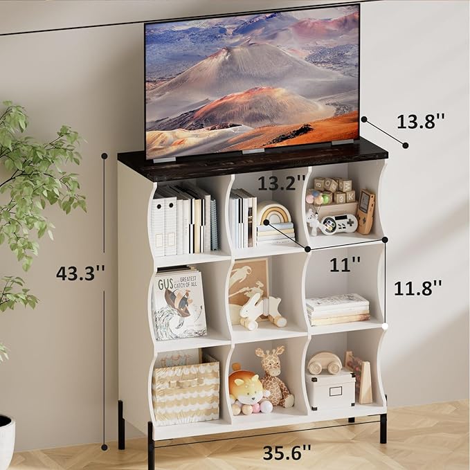 9 Cube Storage Shelf Organizer, Low Book Shelf Bookcase Entryway Table, Wood Closet Storage Display Cabinet TV Stand for Living Room, Office,Bedroom, Dorm, White with Dark Brown Top
