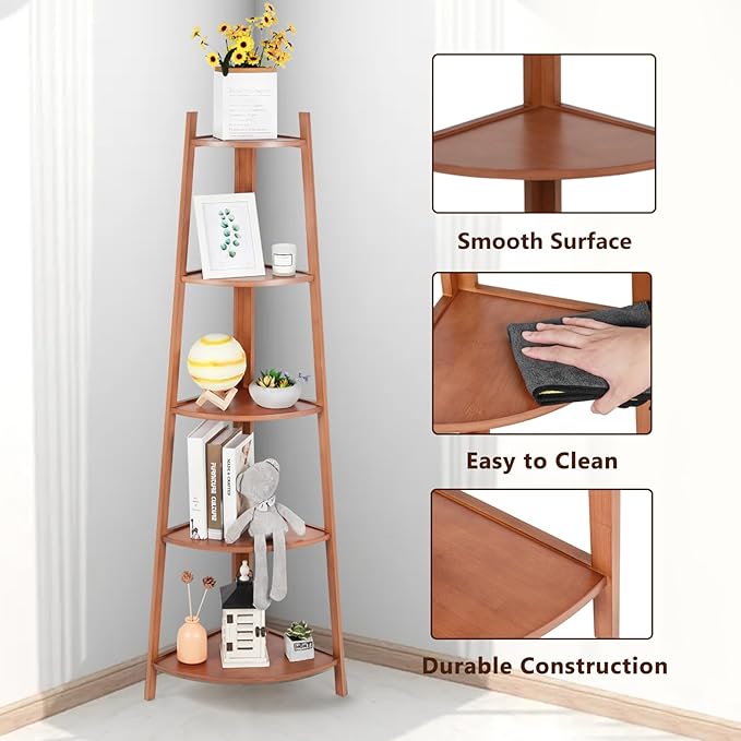 5-Tier Corner Shelf Stand, Tall Wood Shelf, Bookshelf for Living Room, Bedroom, Office, Plant Display, Rustic Brown Freestanding Triangle Storage Rack