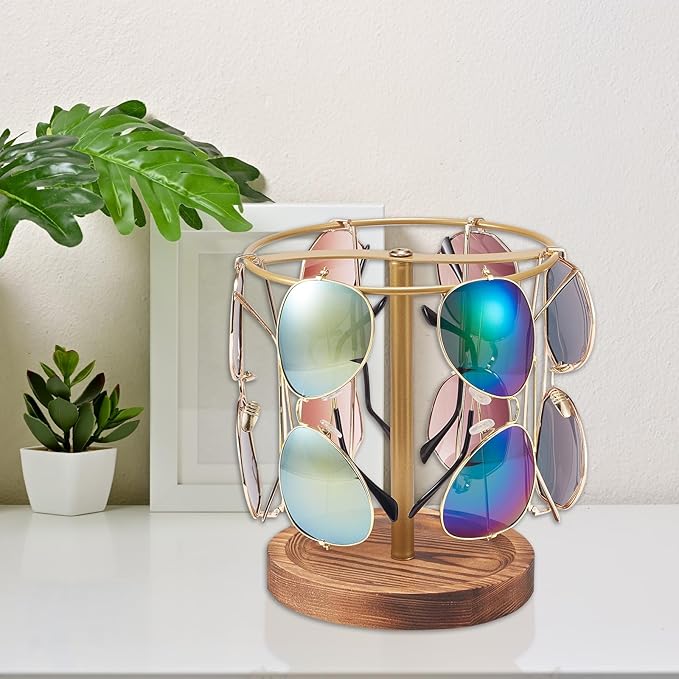 Sunglasses Organizer Wood Glasses Holder Stand, Metal Sunglass Storage Display Rack for 12Pairs Eyeglasses, Eyewear Organizer for Dresser Table Desk Countertop Bedroom (Gold Frame)