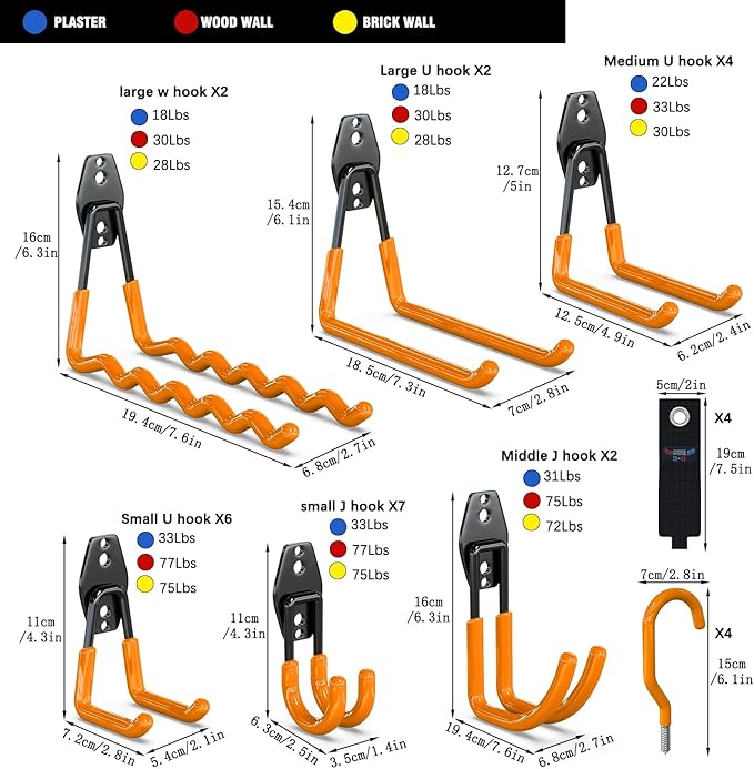 3-H Garage Wall Hooks 31 Pack, Garage Hooks Heavy Duty with Extra Welding Spots, Garage Organizer for Garden, Lawn, Yard Tools, Chairs, Ladders, Weed Eater, Shovel, Blower(Oranger)