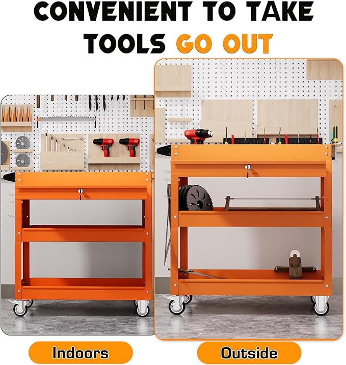 3 Tier Tool Cart on Wheels with Drawers - Three Tier Rolling Cart with Lockable Storage - Mechanic Tool Chest - Tool Chest with Wheels Used in Garage, Indoors, Workshop (Orange)