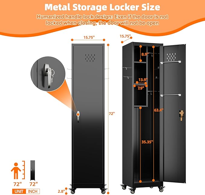Aobabo 72" H Garage Storage Cabinet with Wheels, Broom Closet Lockable Metal Cleaning Tool Cabinet with Hooks, for Cleaning Supplies Broom mops, Assembly Required, Black