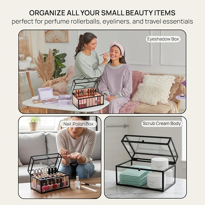 40 Lipsticks Organizer with Lid, Glass Display Box Fits Large Perfume & Skincare, Easy-Access Organiser for Vanity Countertop, Multifunctional Display Box in Any Rooms