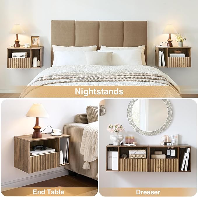 Modern Rustic Brown Fluted Floating Nightstand with Charging Station, NightStand with Drawers, Bedside with USB Ports and Outlets, Bedroom Furniture (Right)