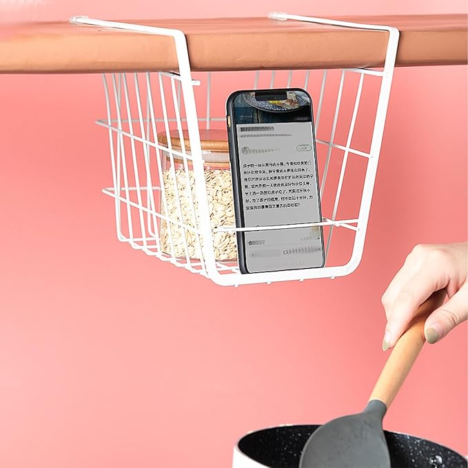 Fdit Metal Wire Rack Hanging Shelf, Under Cabinet Shelf Basket Organizer, Add On Storage Rack with Phone Holder for Kitchen, Pantry, Bathroom