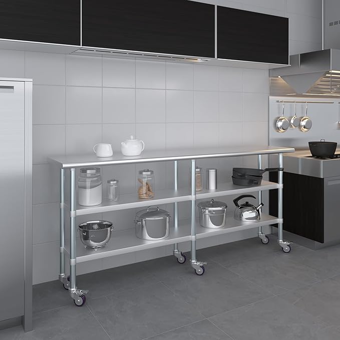 AmGood Stainless Steel Work Table with 2 Shelves and Casters | Metal Utility Table On Wheels (Stainless Steel Work Table with 2 Shelves + Casters, 84" Long x 18" Deep)