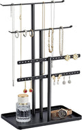 pickpiff Jewelry Stand Organizer, 14.5" Tall Sturdy Metal, 3-Tier Jewelry Holder for Necklace, Earring, Bracelet, Ring, Hanger for Display and Storage, Aesthetic Room Decor, Black
