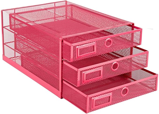 Annova Desk Organizer Wire Mesh 3 Tier Sliding Drawers Paper Sorter/Multifunctional/Premium Solid Construction for Letters, Documents, Mail, Files, Paper, Kids' Art Supplies (Pink)