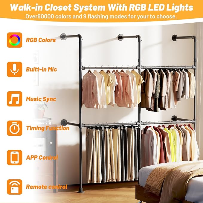 Industrial Pipe Clothing Rack, Reversible 118.3'' Clothes Rack for Hanging Clothes, Black Wall Clothing Rack Wall Mounted Rack for Walk-in Closet, Laundry Room or Retail Display (丨丨丨)