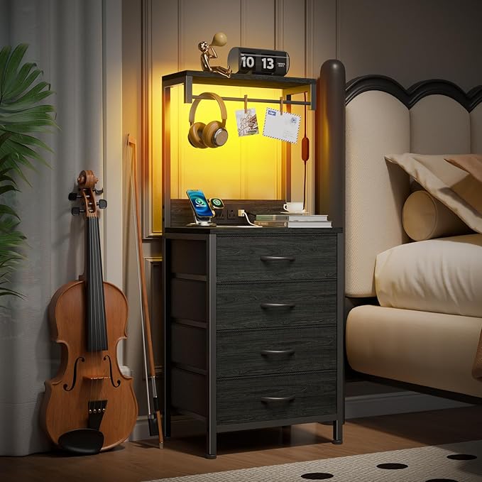 Furnulem Night Stand Set 2, Tall Nightstand with Charging Station and LED Lights, Bedside Tables with 4 Fabric Drawers and Storage Shelves, Black Nightstand Set of 2 for Bedroom (Black Oak)
