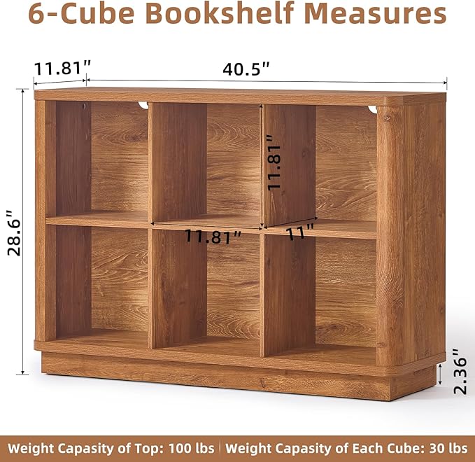 6 Cube Storage Organizer, 40" Wide Low Horizontal Book Shelf with Curved Edge, Floor Standing 2-Tier Wooden Bookshelf with Base, Modern Short Lattice Bookcase for Bedroom, Home Office, Brown
