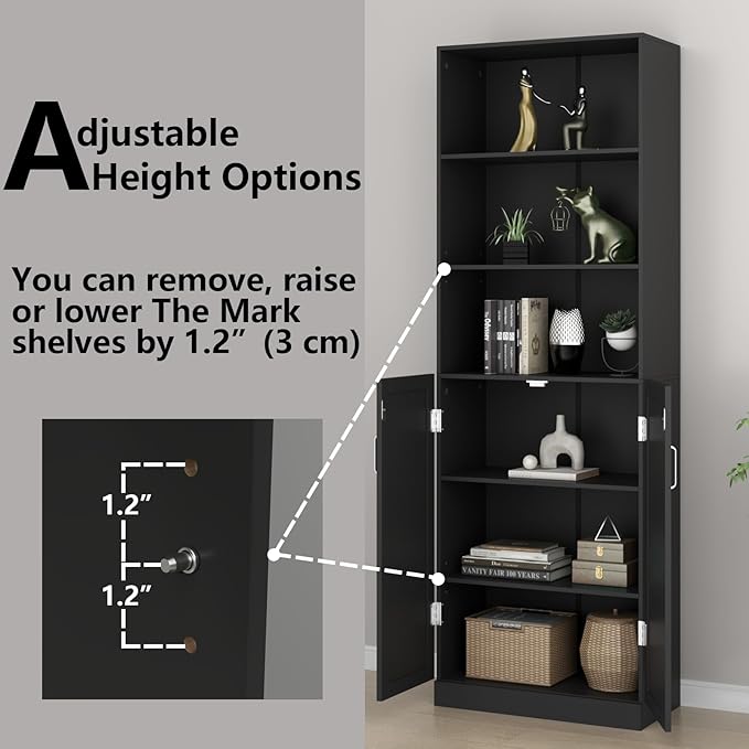 Loomie Industrial Bookshelf with Door, 6 Tier Farmhouse Book Shelf with Adjustable Shelves,70" Tall Display Etagere Bookcase,Floor Standing Unit Book Case Furniture for Home Office,Living Room (Black)