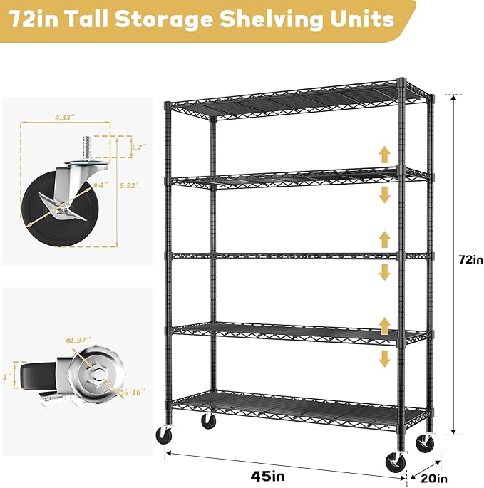Storage Shelves Heavy Duty with Wheels,45"W x 20"D x 72"H Garage Wire Shelving Unit Loads 2000LBS,5-tier Adjustable Metal Industrial Utility Shelf Rack for Kitchen,Laundry,Pantry,Warehouse,Basement