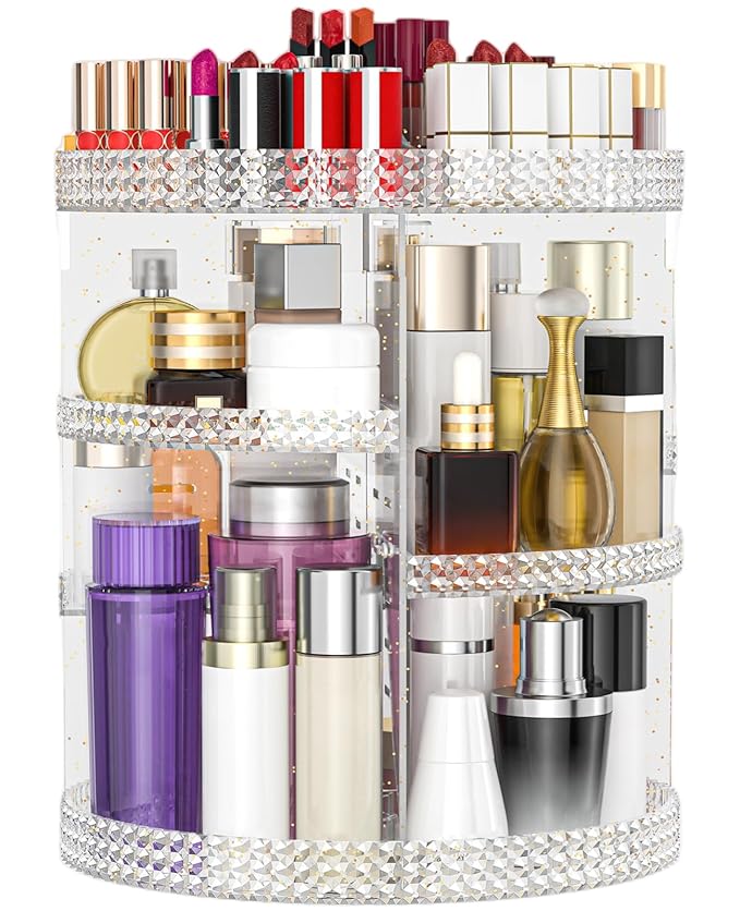 360 Degree Rotating Makeup Organizer, Extra Large Capacity Organizador De Maquillaje, Removable 7 Layers Lipstick Organizer Cosmetic Storage Cases Perfume Organizer for Vanity (Glitter)
