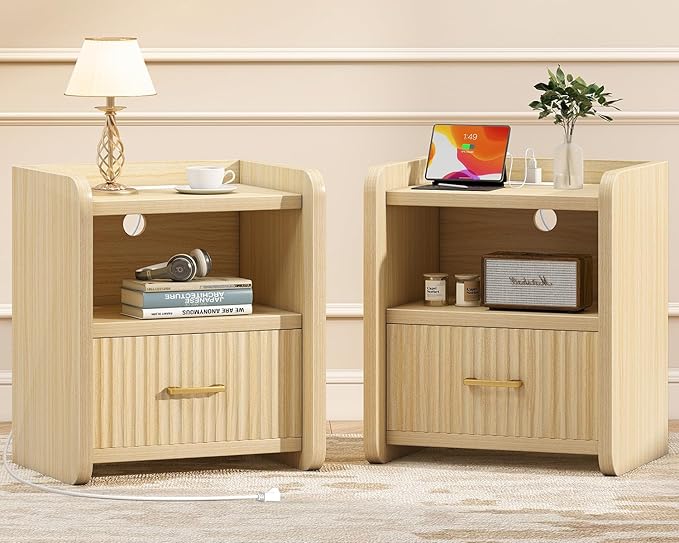 Night Stand with Charger Station, Fluted Nightstands Set of 2 with Drawer, Modern Bedside Table Set of 2, Wide Nightstands for Bedroom, Mid Century Wooden Night Stands for Home Sofa Couch