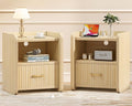 Night Stand with Charger Station, Fluted Nightstands Set of 2 with Drawer, Modern Bedside Table Set of 2, Wide Nightstands for Bedroom, Mid Century Wooden Night Stands for Home Sofa Couch