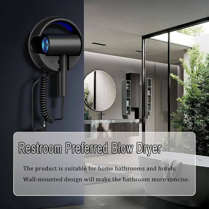110V Hotel Wall Mounted Hair Dryer for Bathroom（with Night Light） Professional Styling HairDryer for Salon【Blue Light Negative Ions】 Fast Drying Restroom Blow Dryer，Matte Texture - Graphite Ash