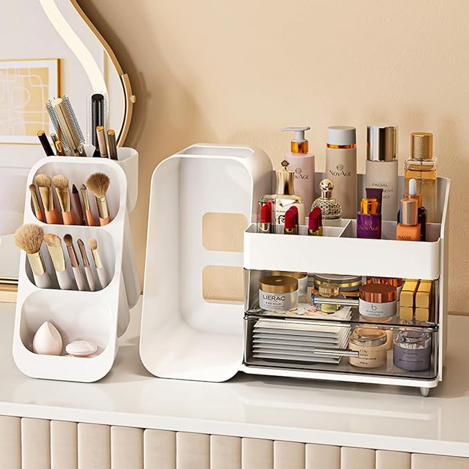 Makeup Organizer with Drawers,Large Capacity Countertop Organizer for Vanity,Bathroom and Bedroom Desk Cosmetics Organizer,Easy To Storage Skincare,Brushes,Lotions,Lipstick (White)