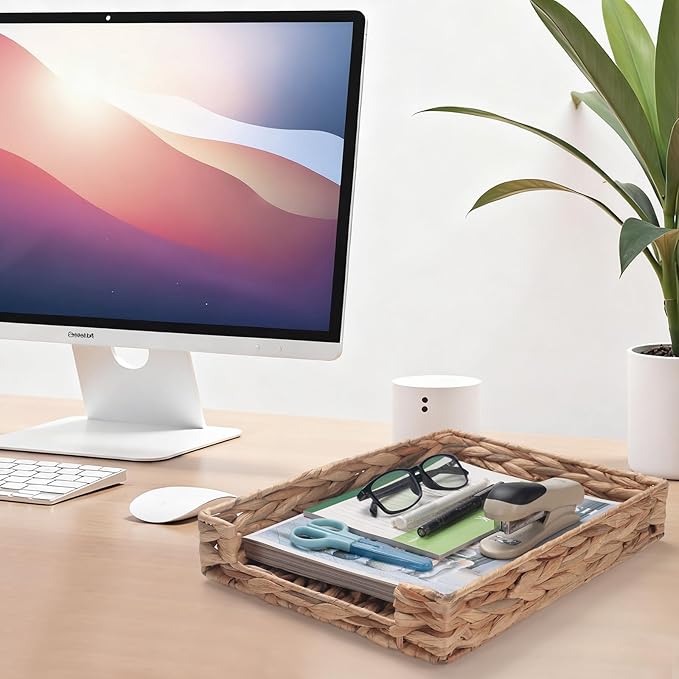 Water Hyacinth Letter Tray for A4 File Document Magazine Storage Basket Desk Tray Organizer for Office 13 x 9.8 x 2.2 inch