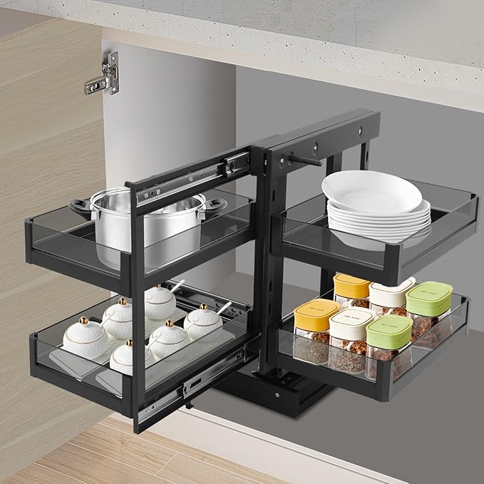 Corner Pull Out Organizer, Blind Corner Pull Out Organizer, 2 Tier Pullout Shelf Organizer for Blind Corner Kitchen/Bathroom Cabinets