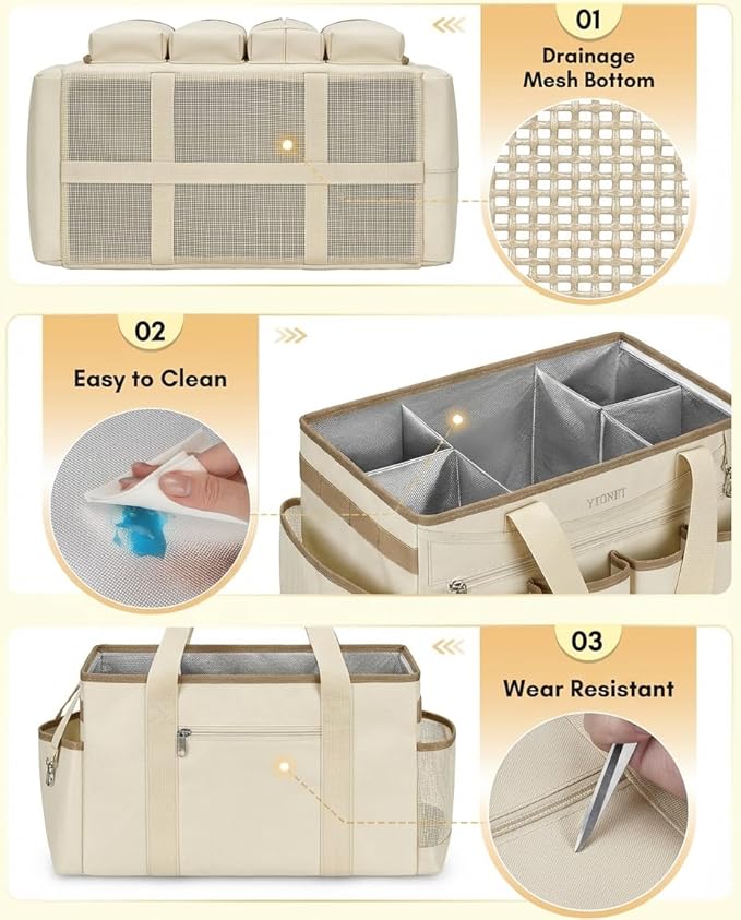 Ytonet Cleaning Caddy Bag with Detachable Apron, Extra Large Cleaning Supplies Organizer with Foldable Dividers, Portable Cleaner Tote with Handle, Cleaner Caddy for Kitchen, Detailing Bag, Apricot