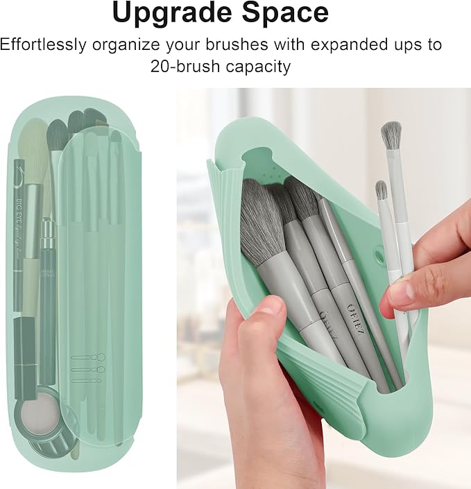 Silicone Travel Makeup Brush Holder for Women with Magnetic Closure and Built-in Brush Cleaner, Washable Cosmetic Organizer, Gift-Ready Pouch, Mint