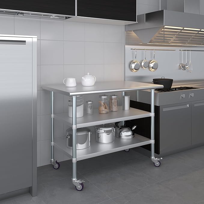 AmGood Stainless Steel Work Table with 2 Shelves and Casters | Metal Utility Table On Wheels (Stainless Steel Work Table with 2 Shelves + Casters, 48" Long x 30" Deep)