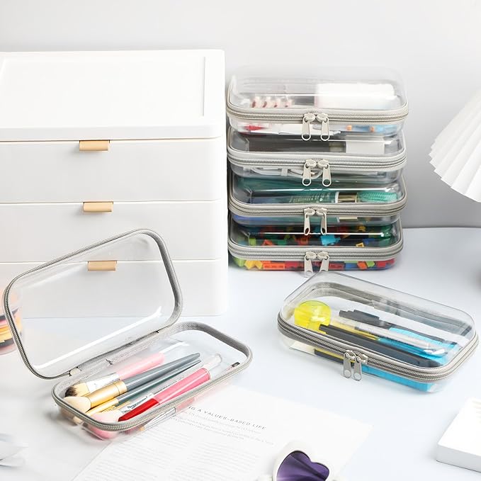 Sanwuta 6 Pcs Clear Hard Zipper Case Hard Plastic Zipper Pouches Transparent Makeup Bag Pencil Pouches for Travel Snacks Christmas Trinket Storage Organizer Box(Gray,7.48 x 3.94 x 2 Inch)