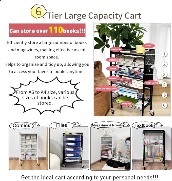 Lumizone Foldable Book Cart 6-Tier Large Capacity Bookshelf Single Sided V-Shaped Sloped Shelves With brake Wheels With PegBoard Slim Rolling Utility Cart Storage Rack, Home Shelves and Office (Black)