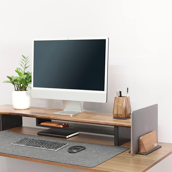 Vertical Laptop Stand, Black Walnut Wood Laptop Holder Vertical for Desk - Heavy Black Aluminum Base | Adjustable Dock (8-38mm) Fits Most Laptops, MacBooks (Black Base)