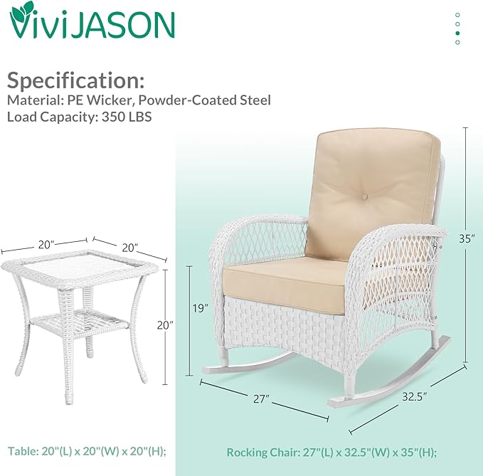 VIVIJASON 3-Piece Outdoor Conversation Bistro Set, Patio Wicker Rocking Chairs Rattan Furniture Sets w/ 2 Rattan Chairs, Cushions, Glass Top Side Table for Garden Porch Backyard (White Wicker/Beige)