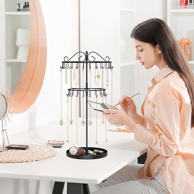 iDavosic.ly 2 Tier Rotating Necklace Organizer with Jewelry Tray, Adjustable Metal Necklace Holder with 42 Hooks, Extra Tall Bracelet Keychain Spinning Display Stand Tree Tower for Women, Black