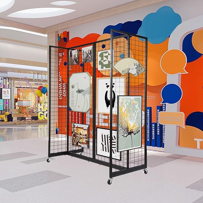 Grid Gondola Unit, 4pcs 2'x 5' Grid Wall Panels with Sturdy Frames, Gridwall Display Stand with Wheels, Craft Show Gridwall Display Rack, Art Display - Black
