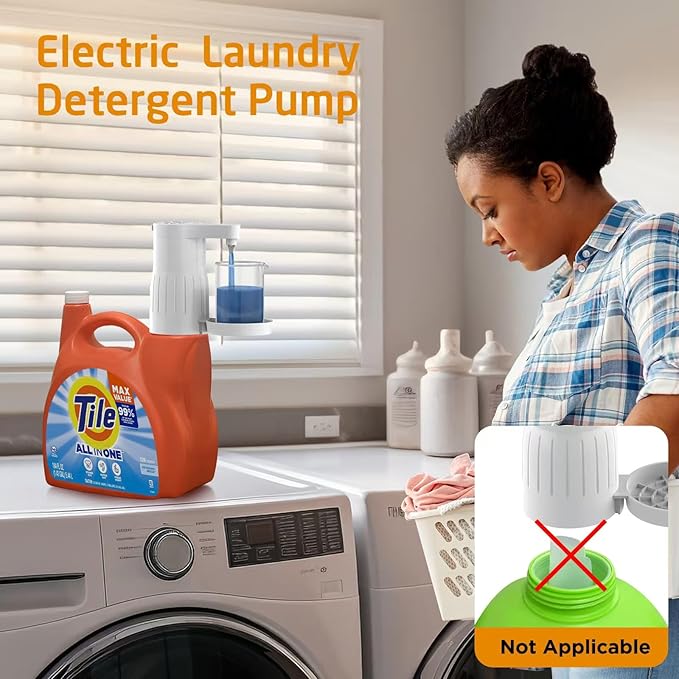Electric Laundry Detergent Pump - Reusable Laundry Detergent Dispenser with Graduated Cup for Liquid Detergent, USB Rechargeable, Ideal for Laundry Room Organization (White)