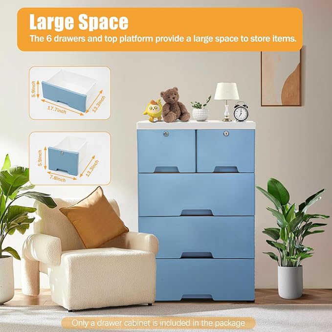 5-Layers Plastic Dresser with 6 Drawers Movable Chest of Drawers Locked Storage Cabinet Craft Organizers and Storage for Bedroom Entryway Hallyway, 19.7’’ W*13.8’’ D*40’’ H (Blue)