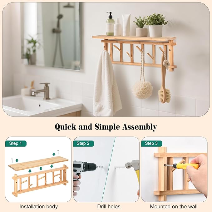 Coat Rack Wall-Mounted with Shelf Coat Hooks Wall Mount with Shelf Entryway Hanging Shelves with 6 Rotating Hooks for Hallway/Living Room/Bedroom/Kitchen (Bamboo)