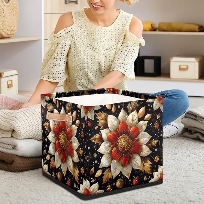 TropicalLife 13x13x13 Inch Large Fabric Storage Cube Flowers Foldable Storage Bin with Handles Organizer Boxes Cube Basket for Shelves Organizing Closet