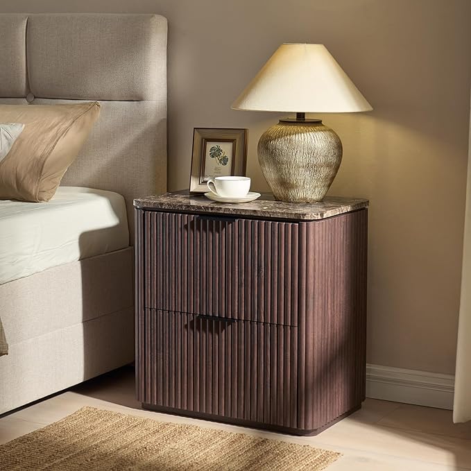 Fluted Nightstand with 2 Drawers, Bedside Table with Faux Marble-Top, Engineered Wood End Table with Curved Corners, Metal Handle, Modern Night Stand for Bedroom, Small Spaces, Dark Oak