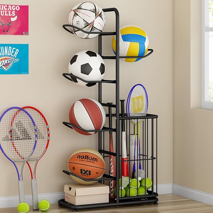 Sports Ball Storage Rack | Adjustable Vertical Stand for Basketball, Soccer, Volleyball & More | Durable Steel Organizer for Garage |5-Ball |45.7 inches, black