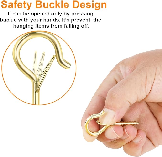 96 PCS Q-Hanger Hooks, Screw Hooks for Outdoor String Lights, Safety Buckle Design Cup Eye Hook for Hanging Christmas Lights, Plants, Mounted on Wall Ceiling, Include 1 Wing Nut Driver, Gold