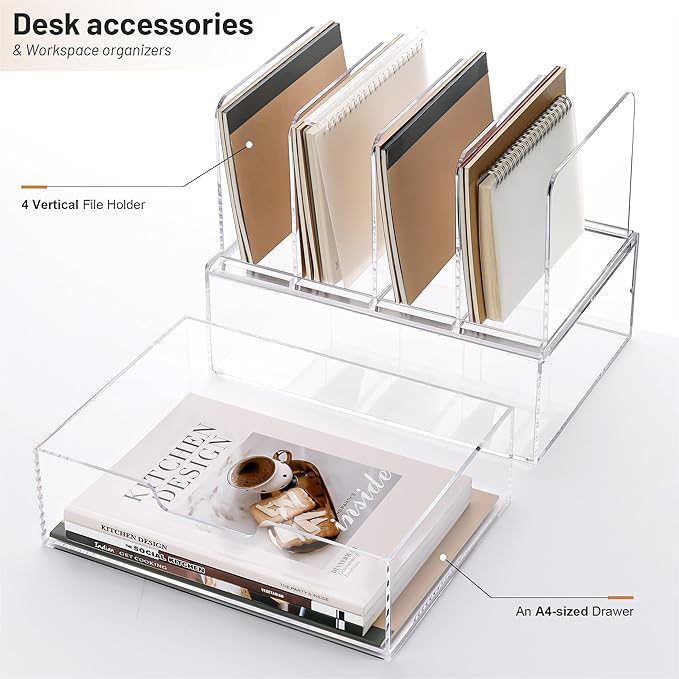 YUXUN Desk Organizer with Drawers, Acrylic File Organizer with 4 Vertical File Holders and 1 Sliding Drawer,Multifunction Desktop Accessories Storage for Home Office&School, Clear