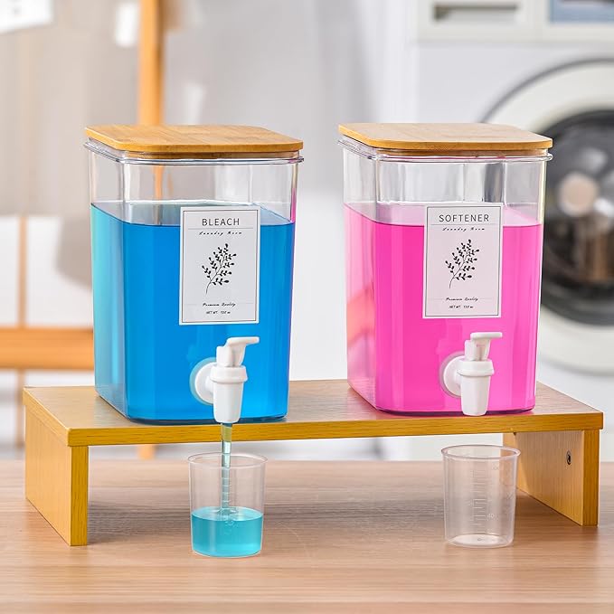 Liquid Laundry Detergent Dispenser Set with Shelf and Bamboo Lids for Laundry Room Organization and Storage - 2 Pack 96 oz Laundry Containers for Laundry Soap, Fabric Softener