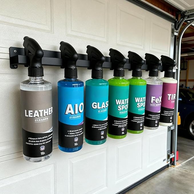 Universal Trigger Bottle Holder, Wall Mount Organizer Holds Spray Bottles | Lightweight Rack for Garage Storage, Car Wash, Auto Detailing and Cleanings Supplies