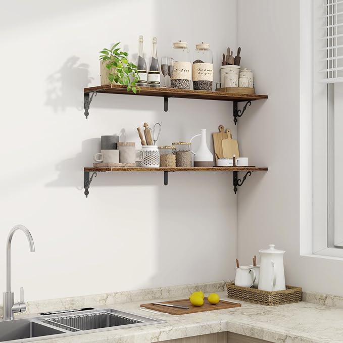 Fun Memories 36 Inches Floating Shelves, Rustic Long Wall Shelves, 8 Inch Deep Book Shelf Wall Mounted, Wide Display & Storage Shelves for Living Room, Bathroom, Bedroom, Rustic Brown, Set of 2