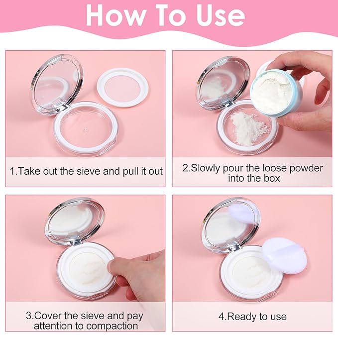 2 Pcs Loose Powder Containers, 0.7/0.17 Ounce Foundation Container Portable Empty Travel Makeup Containers Reusable Powder Puff Case with Puff Mirror Net Sifter for Women Travel Daily Carrying