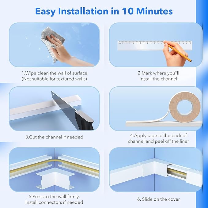 Yecaye PVC Wire Covers for Cords on Wall, One-Cord Cable Concealer Kit, Paintable Cable Raceway Management, Cord Hider, Max for 2 Small Cords for Home Office, W0.59in H0.4in