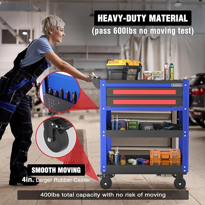 WORKPRO Premium 28" 2-Drawer Rolling Tool Cart, Heavy Duty Utility Industrial Service Cart Storage Organizer with Wheels and Locking System, for Mechanic, Warehouse, Garage, Workshop, 400 lbs Load