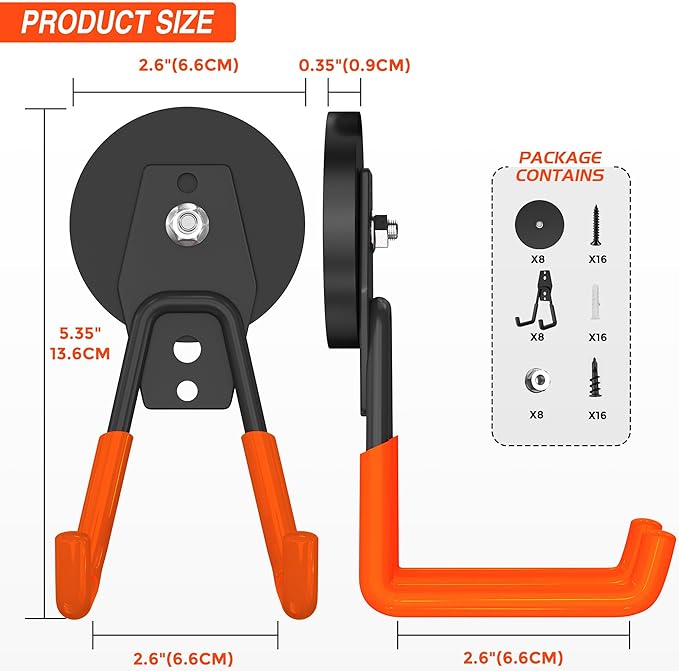 8 Pack Heavy Duty Storage Magnetic Utility Hooks Large Garage Strong Extra Magnet Hooks Hanger with Anti-Slip Coating Heavy Duty Magnetic Hooks for Hanging Power Dril Garage Garden Tools Orange