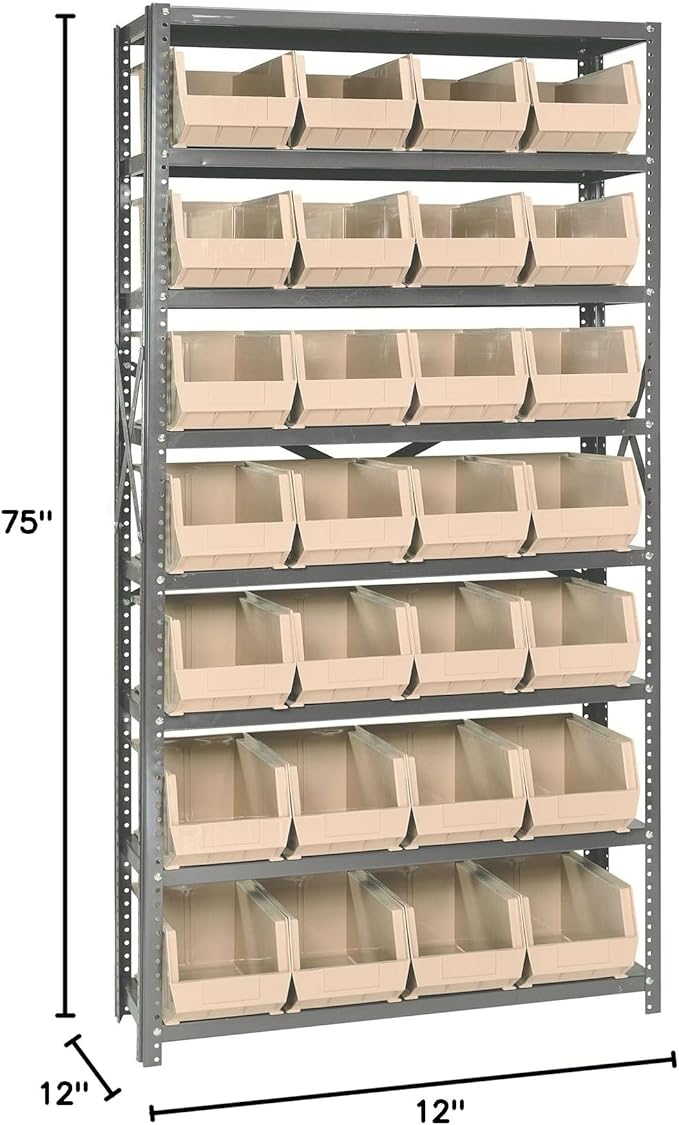 Quantum Storage Systems QSBU-240IV Giant Open Hopper Steel Shelving System, 12" D x 36" W x 75" H, with 8 Shelves and 28 QU240 Bins, Ivory